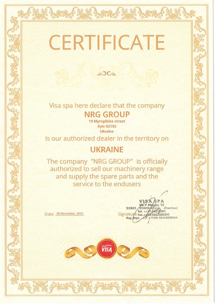 Сертифікат офіційного дилера Visa S.p.A для NRG GROUP, 2016